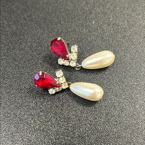 Vintage Red Rhinestone & Faux Pearl Drop Earrings | Glam Classic